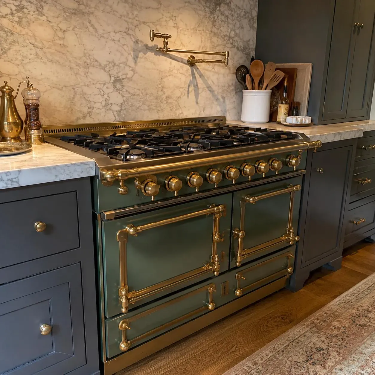 Ornate French-style range cooker with green enamel and brass trim