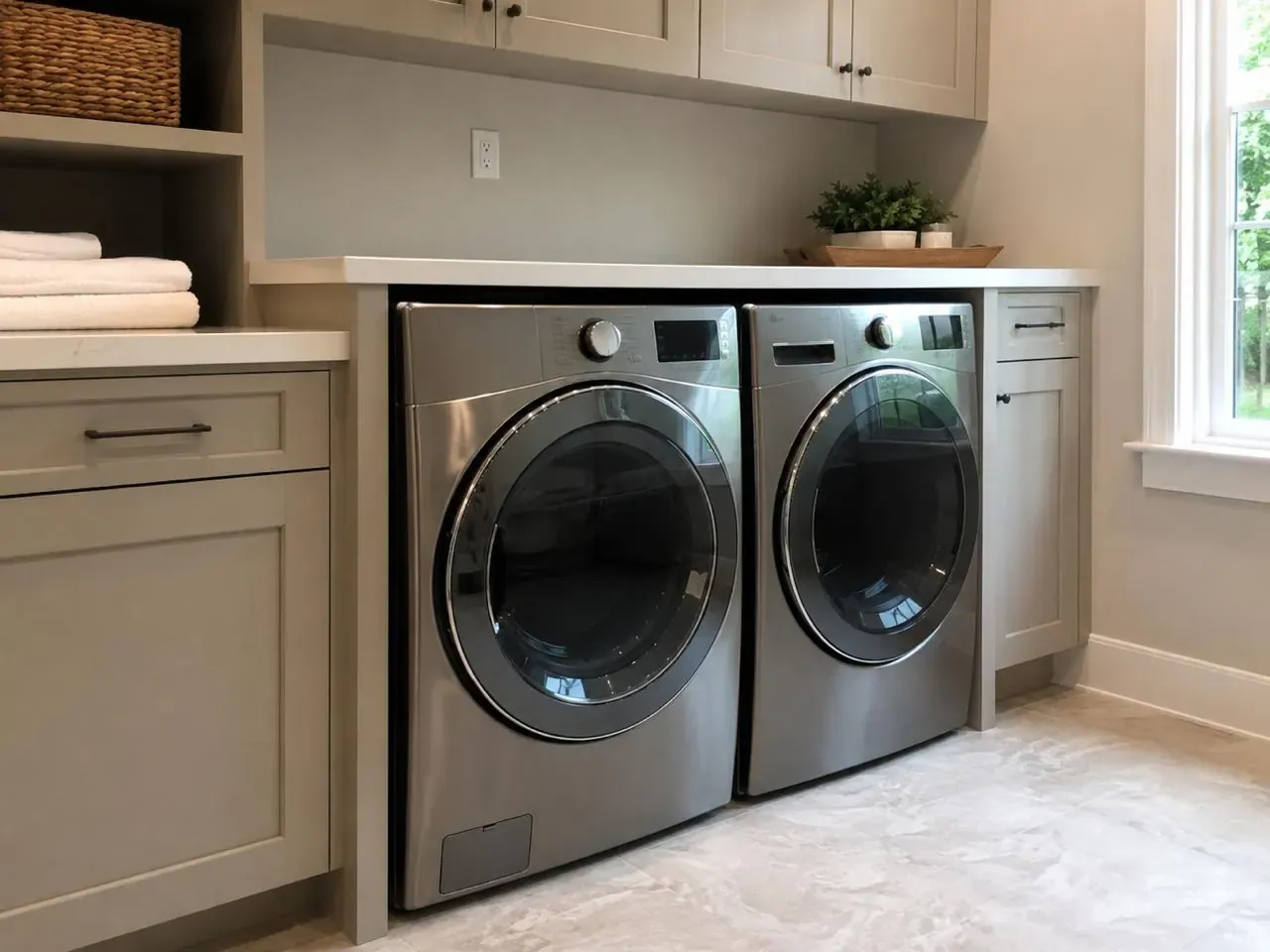 Premium front-load washer and dryer pair in a bright, tidy laundry room